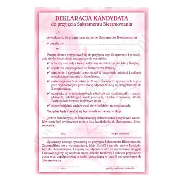 DEKLARACJA KANDYDATA DO PRZYJĘCIA SAKRAMENTU BIERZMOWANIA