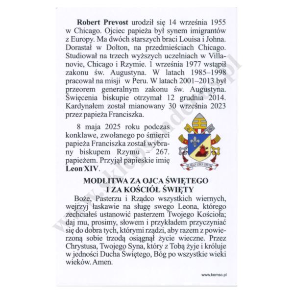 PAPIEŻ LEON XIV - obrazek 6.5 x 10 cm - paczka 100 szt. - 83018