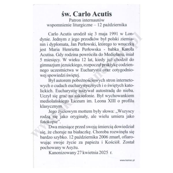 ŚW. CARLO ACUTIS - obrazek 6.5 x 10 cm - paczka 100 szt. - 50058