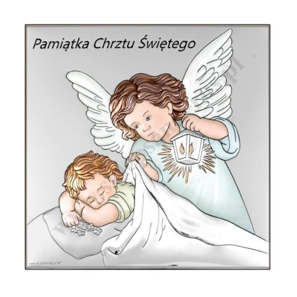 ANIOŁ STRÓŻ - OBRAZEK SREBRNY 12 x 12 cm - 6733/2XCOL