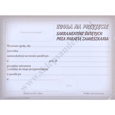 ZGODA NA PRZYJĘCIE SAKRAMENTÓW ŚWIĘTYCH POZA PARAFIĄ ZAMIESZKANIA - format 14 x 10.3 cm - 76163