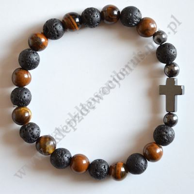 DZIESIĄTKA RÓŻAŃCA LAWA WULKANICZNA + TYGRYSIE OKO - bransoletka - 83631