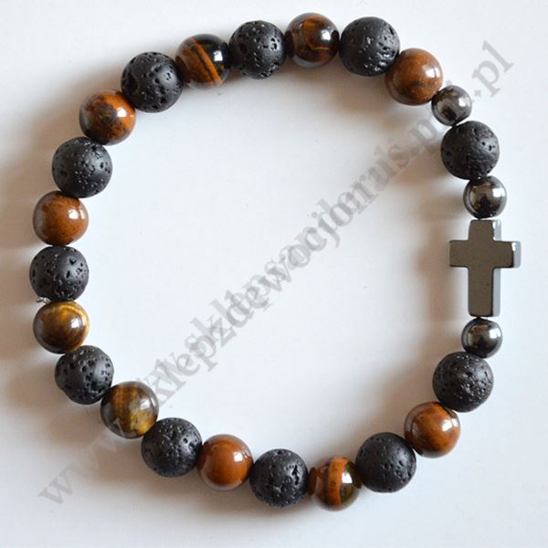 DZIESIĄTKA RÓŻAŃCA LAWA WULKANICZNA + TYGRYSIE OKO - bransoletka - 83631