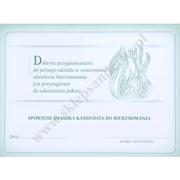 ŚWIADECTWO ŚWIADKA KANDYDATA DO BIERZMOWANIA - format 14 x 10.3 cm - pakiet 25 szt. - 76168