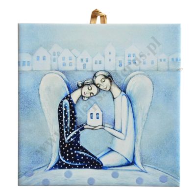 ANIOŁY Z DOMKIEM - obrazek na ceramice 15 x 15 cm - 30856