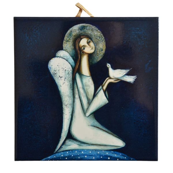ANIOŁ Z GOŁĘBIEM - obrazek na ceramice 15 x 15 cm - 56949