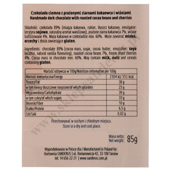 CZEKOLADA DZIĘKUJĘ - ciemna z prażonymi ziarnami kakaowca i wiśniami - 56196