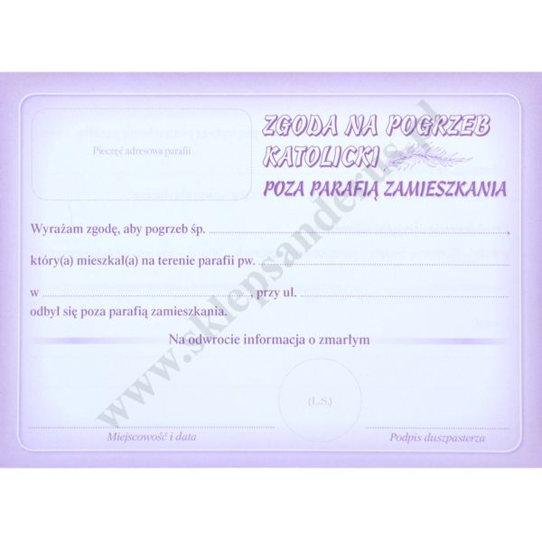 ZGODA NA POGRZEB POZA PARAFIĄ - format 14 x 10.3 cm - paczka 50 szt. - 70380