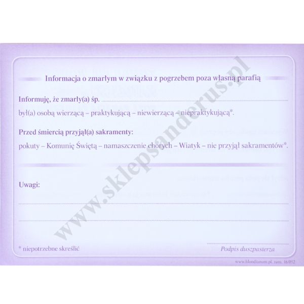 ZGODA NA POGRZEB POZA PARAFIĄ - format 14 x 10.3 cm - paczka 50 szt. - 70380