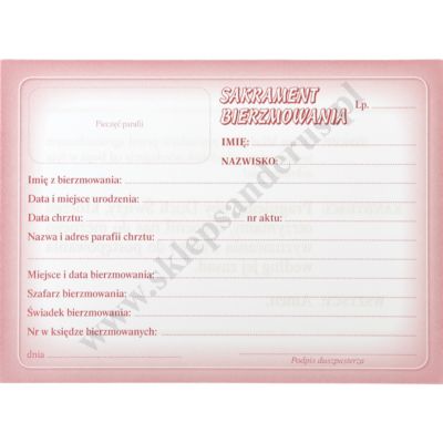 ŚWIADECTWO SAKRAMENTU BIERZMOWANIA - format 14 x 10.3 cm - 63440