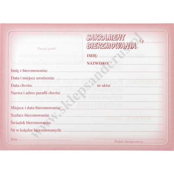 ŚWIADECTWO SAKRAMENTU BIERZMOWANIA - format 14 x 10.3 cm - 63440