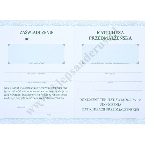 KATECHEZA PRZEDMAŁŻEŃSKA - zaświadczenie - format 10.5 x 14.8 cm - pakiet 50 szt. - 6756