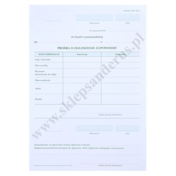 PROŚBA O OGŁOSZENIE ZAPOWIEDZI - format A4 - paczka 25 szt. - 85905