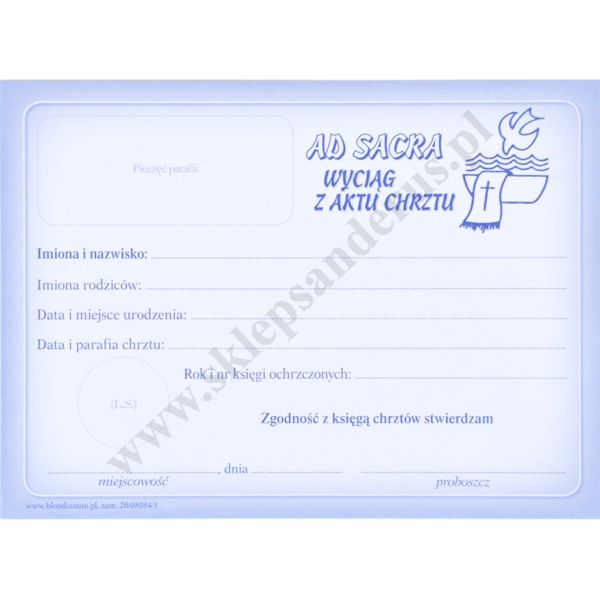 AD SACRA WYCIĄG Z AKTU CHRZTU - format 14 x 10 cm - paczka 50 szt. - 10057