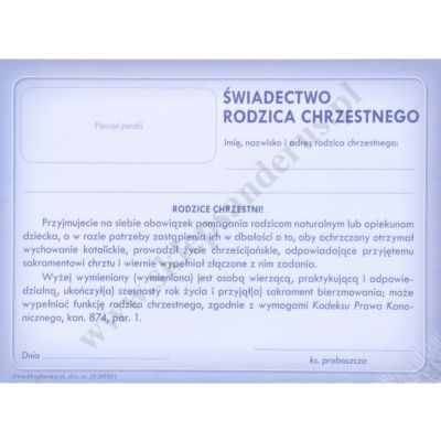 ŚWIADECTWO RODZICA CHRZESTNEGO - format 14 x 10.2 cm - paczka 50 szt. - 10258