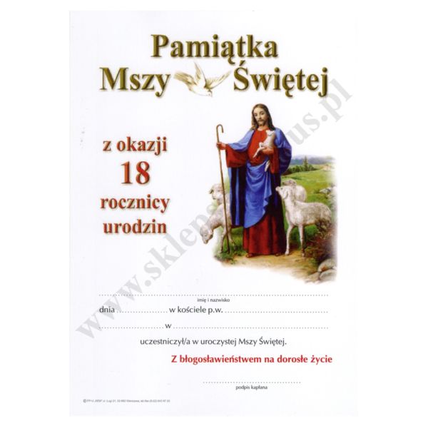 PAMIĄTKA MSZY ŚWIĘTEJ Z OKAZJI 18 ROCZNICY URODZIN - format A5 - 81519