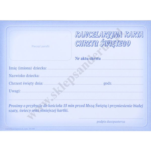 KANCELARYJNA KARTA CHRZTU - format 14 x 10 cm - pakiet 50 szt. - 83900