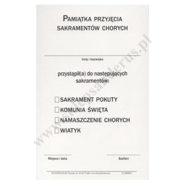 PAMIĄTKA SAKRAMENTU NAMASZCZENIA CHORYCH - obrazek 8.8 x 13.8 cm - paczka 100 szt. - 50337