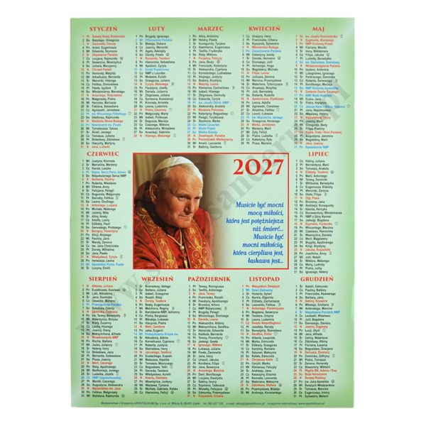 KALENDARZ NA ROK 2027 - ŚW. JAN PAWEŁ II - jednokartkowy - 59079