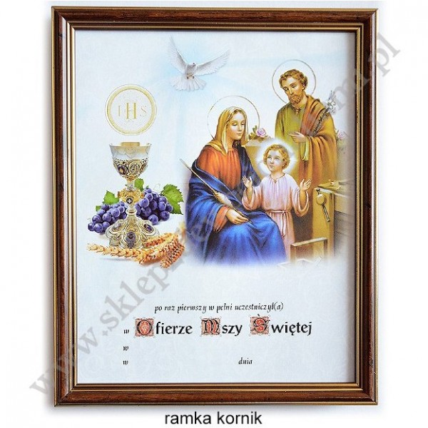 OBRAZEK KOMUNIJNY W DREWNIANEJ RAMCE ZA SZKŁEM - WZÓR 80