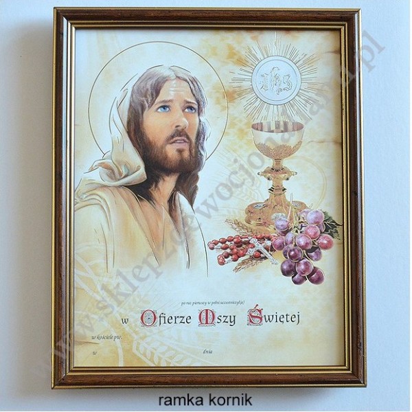 OBRAZEK KOMUNIJNY W DREWNIANEJ RAMCE ZA SZKŁEM - WZÓR 82
