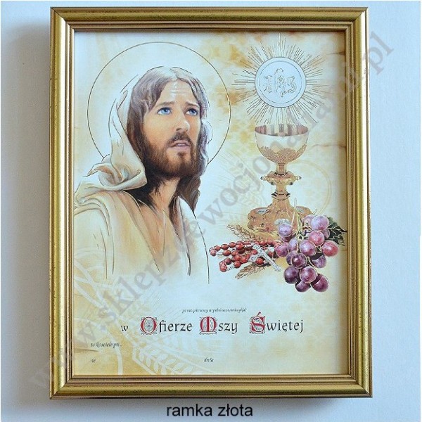 OBRAZEK KOMUNIJNY W DREWNIANEJ RAMCE ZA SZKŁEM - WZÓR 82