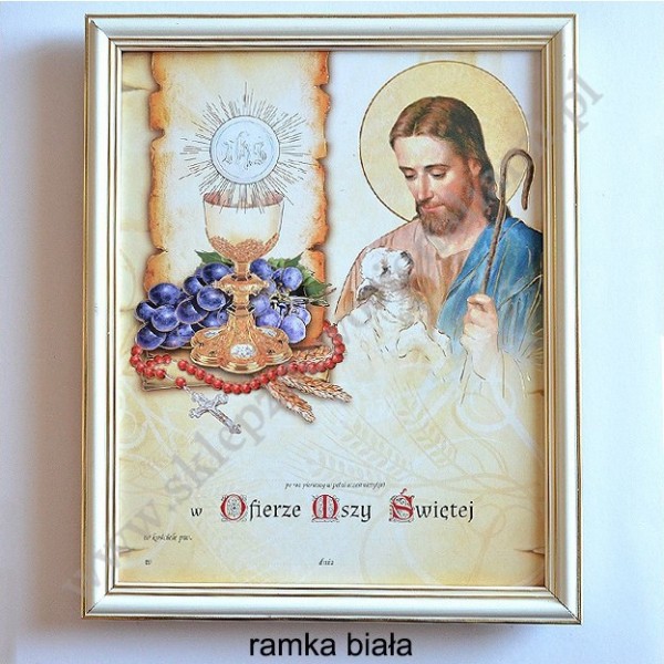 OBRAZEK KOMUNIJNY W DREWNIANEJ RAMCE ZA SZKŁEM - WZÓR 89