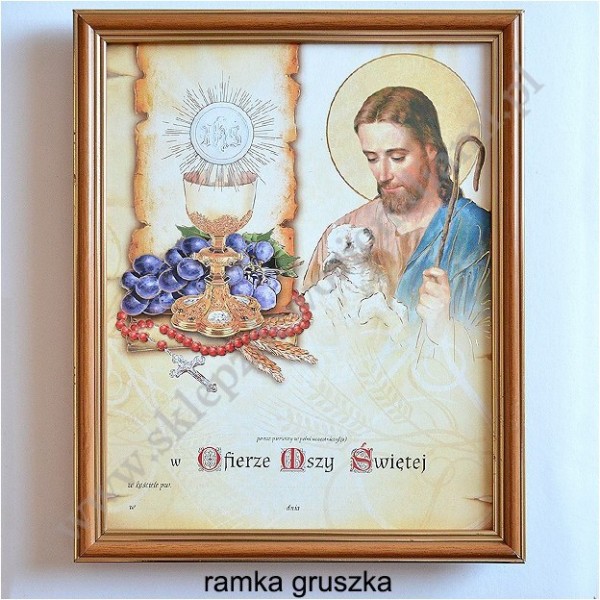 OBRAZEK KOMUNIJNY W DREWNIANEJ RAMCE ZA SZKŁEM - WZÓR 89