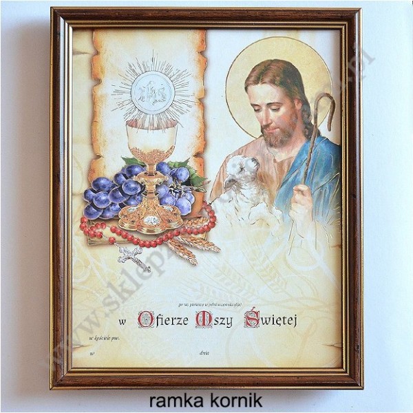 OBRAZEK KOMUNIJNY W DREWNIANEJ RAMCE ZA SZKŁEM - WZÓR 89