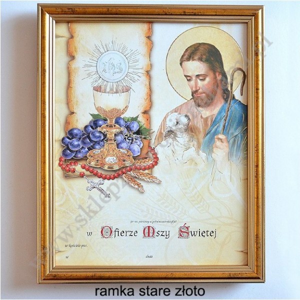 OBRAZEK KOMUNIJNY W DREWNIANEJ RAMCE ZA SZKŁEM - WZÓR 89