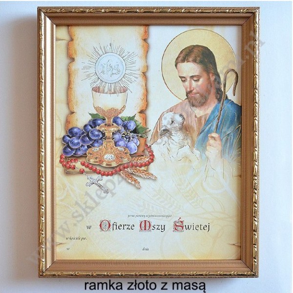 OBRAZEK KOMUNIJNY W DREWNIANEJ RAMCE ZA SZKŁEM - WZÓR 89