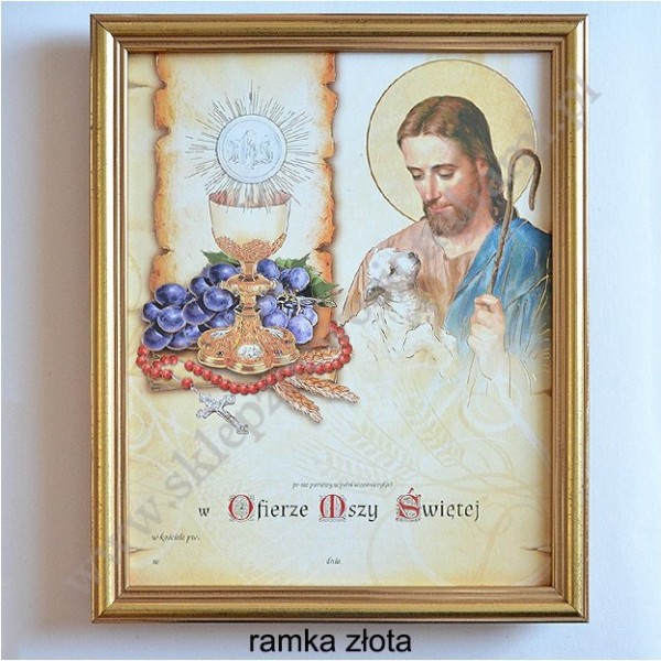 OBRAZEK KOMUNIJNY W DREWNIANEJ RAMCE ZA SZKŁEM - WZÓR 89