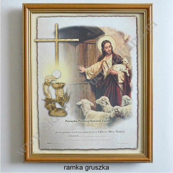 OBRAZEK KOMUNIJNY W DREWNIANEJ RAMCE ZA SZKŁEM - WZÓR 95