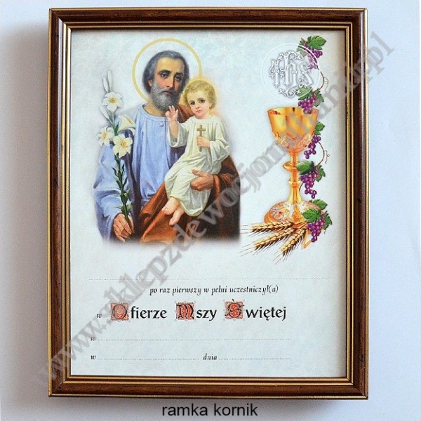 OBRAZEK KOMUNIJNY W DREWNIANEJ RAMCE ZA SZKŁEM - WZÓR 108
