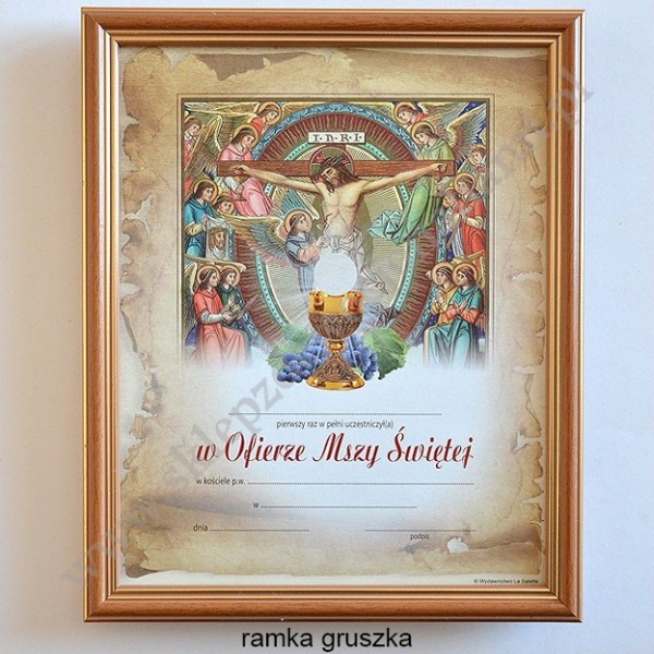 OBRAZEK KOMUNINY W DREWNIANEJ RAMCE ZA SZKŁEM - WZÓR 122