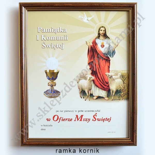 OBRAZEK KOMUNIJNY W DREWNIANEJ RAMCE ZA SZKŁEM - WZÓR 124