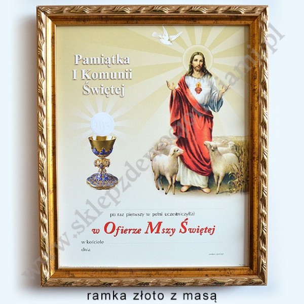 OBRAZEK KOMUNIJNY W DREWNIANEJ RAMCE ZA SZKŁEM - WZÓR 124
