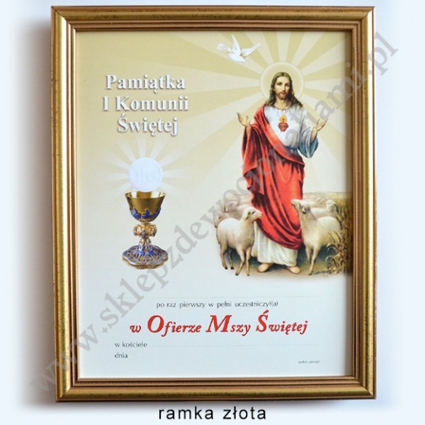 OBRAZEK KOMUNIJNY W DREWNIANEJ RAMCE ZA SZKŁEM - WZÓR 124
