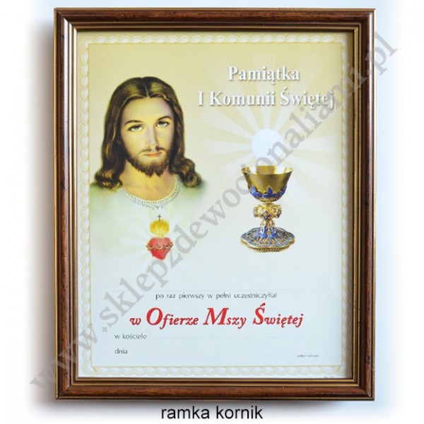 OBRAZEK KOMUNIJNY W DREWNIANEJ RAMCE ZA SZKŁEM - WZÓR 126