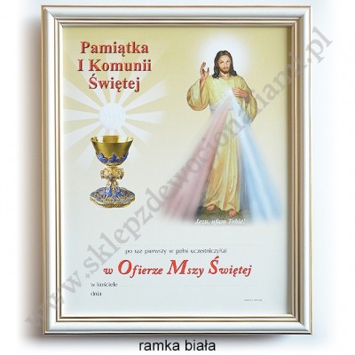 OBRAZEK KOMUNIJNY W DREWNIANEJ RAMCE ZA SZKŁEM - WZÓR 129