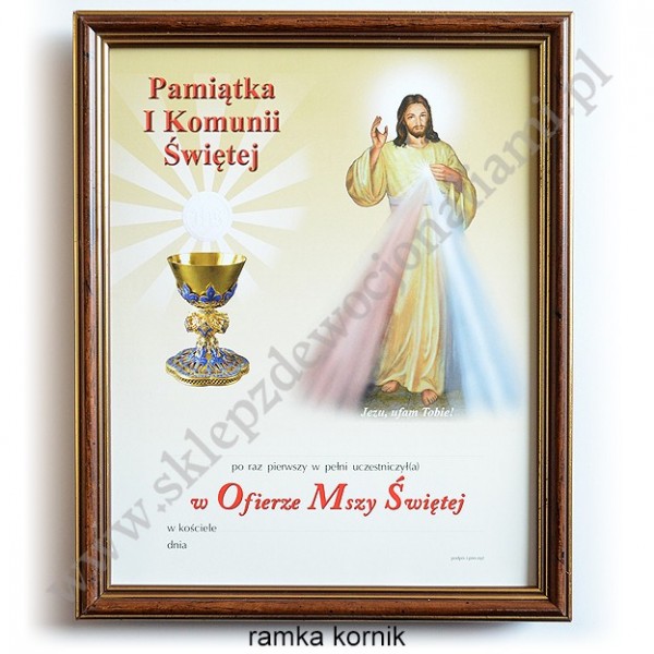 OBRAZEK KOMUNIJNY W DREWNIANEJ RAMCE ZA SZKŁEM - WZÓR 129