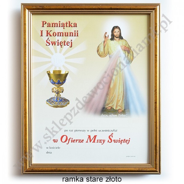 OBRAZEK KOMUNIJNY W DREWNIANEJ RAMCE ZA SZKŁEM - WZÓR 129