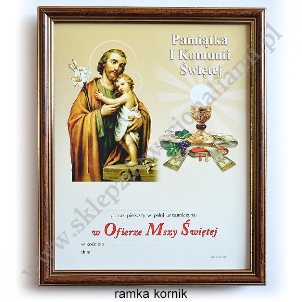 OBRAZEK KOMUNINY W DREWNIANEJ RAMCE ZA SZKŁEM - wzór 130
