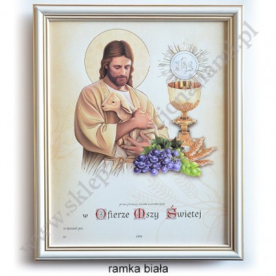 OBRAZEK KOMUNIJNY W DREWNIANEJ RAMCE ZA SZKŁEM - WZÓR 132