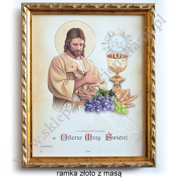 OBRAZEK KOMUNIJNY W DREWNIANEJ RAMCE ZA SZKŁEM - WZÓR 132