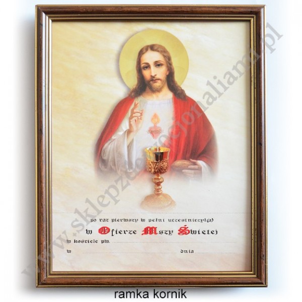 OBRAZEK KOMUNIJNY W DREWNIANEJRAMCE ZA SZKŁEM - WZÓR 135