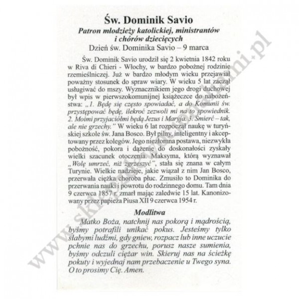 ŚW.DOMINIK SAVIO - obrazek 6.5 x 10 cm - paczka 100 szt. - 11175