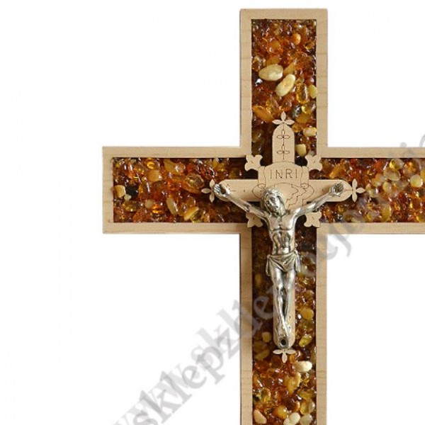 KRZYŻ DREWNIANY Z BURSZTYNAMI - wys.20 cm - 86902