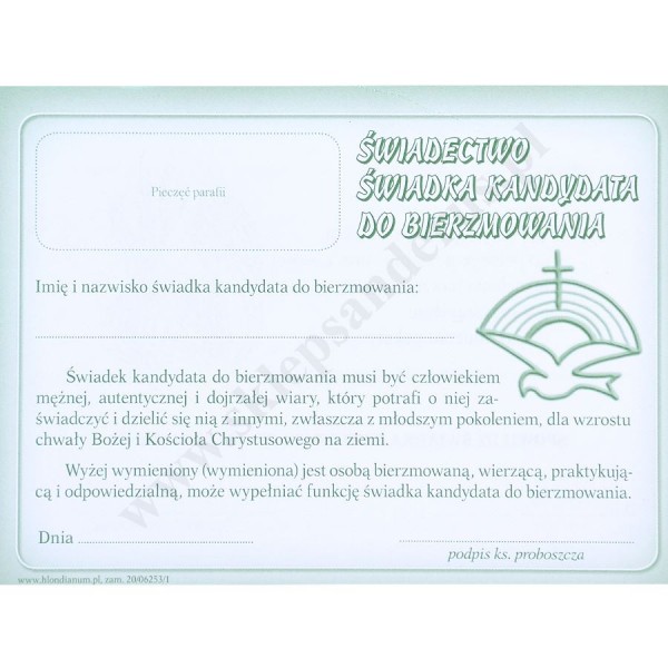 ŚWIADECTWO ŚWIADKA KANDYDATA DO BIERZMOWANIA - format 14 x 10.3 cm - pakiet 25 szt. - 76168