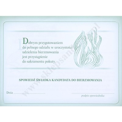 ŚWIADECTWO ŚWIADKA KANDYDATA DO BIERZMOWANIA - format 14 x 10.3 cm - pakiet 25 szt. - 76168